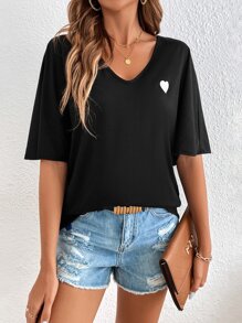 SHEIN Frenchy Áo thun nữ Thêu Tim Giải trí - màu đen - Xem 6