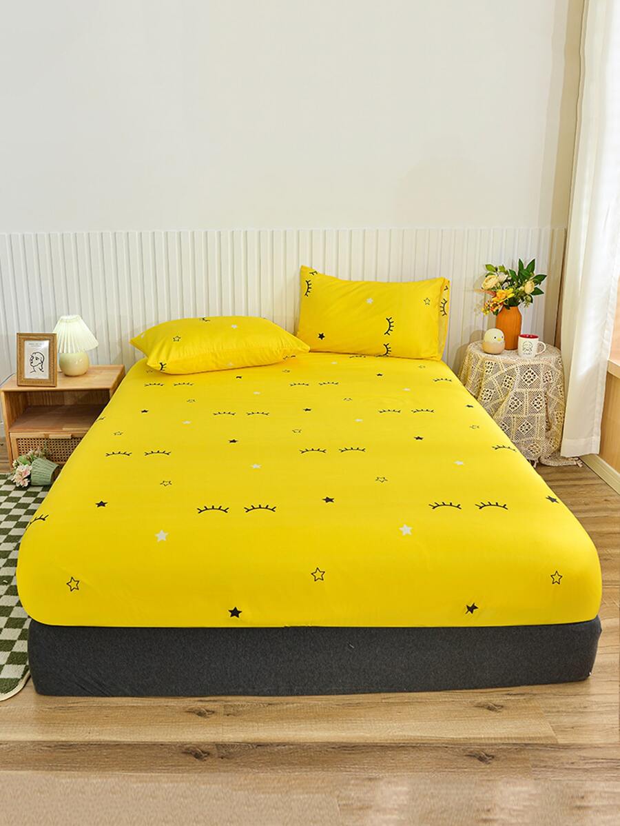 1入組眼睛和星形圖案可水洗床笠臥室柔軟織物床笠四季皆宜 - 彩色 - 查看 1