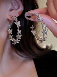 Andkiss 1pair Glamorous Rhinestone Butterfly Decor Hoop Earrings For Women For Party - Silver - View 2