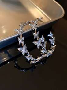 Andkiss 1pair Glamorous Rhinestone Butterfly Decor Hoop Earrings For Women For Party - Silver - View 3