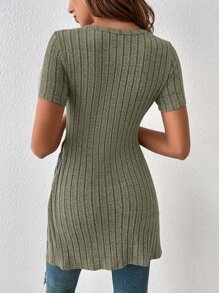 SHEIN Essnce Split Hem Ribbed Knit Tee - Army Green - View 2