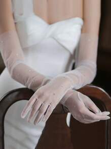 1双女士水钻装饰优雅长手套，适合婚礼、派对、情人节等场合佩戴 - 白色 - 查看 1