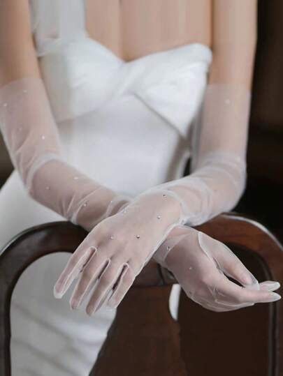 1双女士水钻装饰优雅长手套，适合婚礼、派对、情人节等场合佩戴