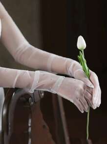 1双女士水钻装饰优雅长手套，适合婚礼、派对、情人节等场合佩戴 - 白色 - 查看 2