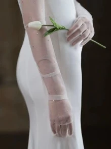 1双女士水钻装饰优雅长手套，适合婚礼、派对、情人节等场合佩戴 - 白色 - 查看 3