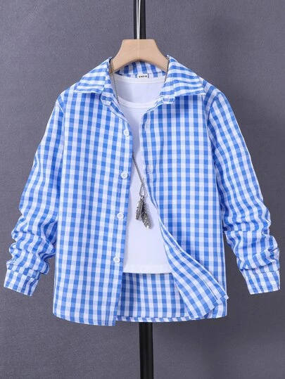 SHEIN Tween Boy Gingham Button Up Shirt Without Tee