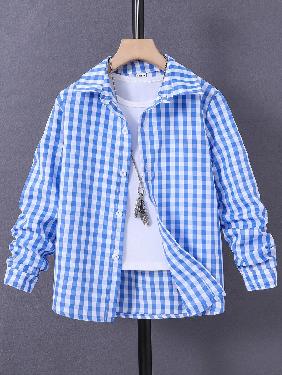 SHEIN Tween Boy Gingham Button Up Shirt Without Tee - Blue and White - View 1