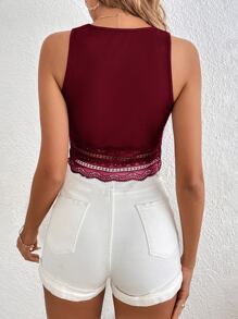 SHEIN Frenchy Áo khoác và áo lót dành cho xe tăng nữ Tương phản ren màu trơn Giải trí - Màu Đỏ Sâu - Xem 2