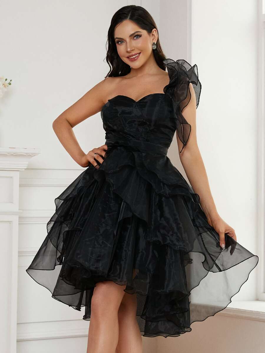 Missord One Shoulder Ruffle Trim Mesh Overlay Dress - Black - View 1