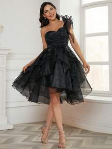 Missord One Shoulder Ruffle Trim Mesh Overlay Dress - Black - View 4