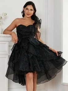 Missord One Shoulder Ruffle Trim Mesh Overlay Dress - Black - View 5