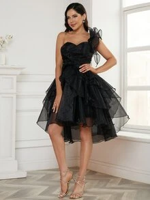 Missord One Shoulder Ruffle Trim Mesh Overlay Dress - Black - View 6