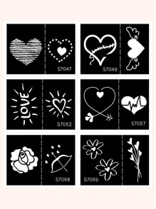 6pcs Heart & Flower Pattern Hollow Out Tattoo Stencil - Black - View 1