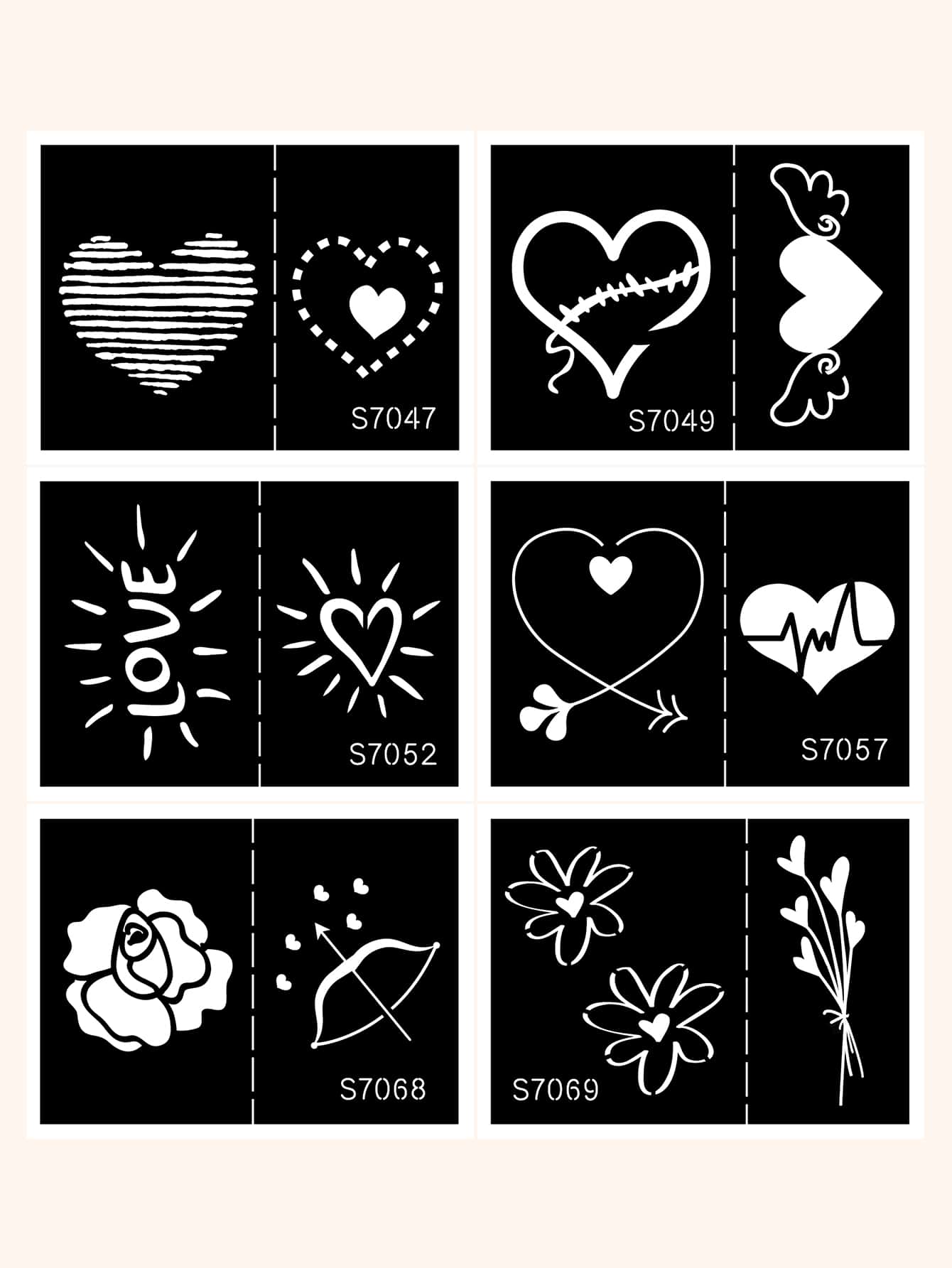 6pcs Heart & Flower Pattern Hollow Out Tattoo Stencil - Black - View 1