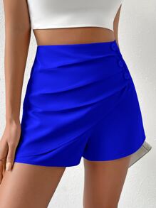 Chiquease Quần đùi nữ Nút phía trước màu trơn Giải trí - Xanh đậm - Xem 3