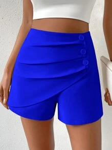 Chiquease Quần đùi nữ Nút phía trước màu trơn Giải trí - Xanh đậm - Xem 5
