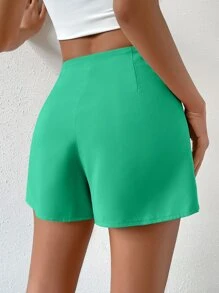 SHEIN Privé Quần đùi nữ Nút phía trước màu trơn Giải trí - màu xanh lá - Xem 2
