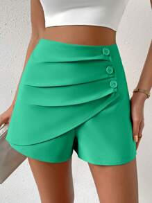 SHEIN Privé Quần đùi nữ Nút phía trước màu trơn Giải trí - màu xanh lá - Xem 3