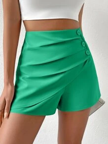 SHEIN Privé Quần đùi nữ Nút phía trước màu trơn Giải trí - màu xanh lá - Xem 6