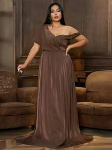 seomiscky Đầm Plus Size Bất đối xứng màu trơn Thanh lịch - Màu nâu Sô-cô-la - Xem 1