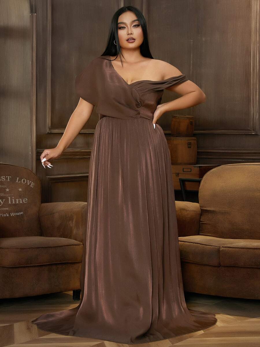 seomiscky Đầm Plus Size Bất đối xứng màu trơn Thanh lịch - Màu nâu Sô-cô-la - Xem 1