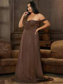 seomiscky Đầm Plus Size Bất đối xứng màu trơn Thanh lịch - Màu nâu Sô-cô-la - Xem 3