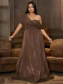 seomiscky Đầm Plus Size Bất đối xứng màu trơn Thanh lịch - Màu nâu Sô-cô-la - Xem 4