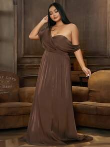 seomiscky Đầm Plus Size Bất đối xứng màu trơn Thanh lịch - Màu nâu Sô-cô-la - Xem 5