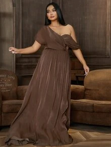 seomiscky Đầm Plus Size Bất đối xứng màu trơn Thanh lịch - Màu nâu Sô-cô-la - Xem 7