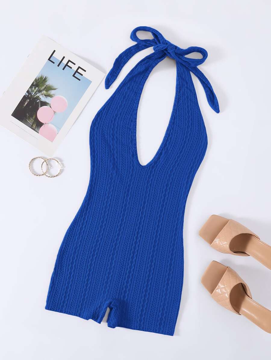 SHEIN Unity Đơn vị Nữ Lộ Lưng Buộc lại màu trơn - Màu xanh lam - Xem 1