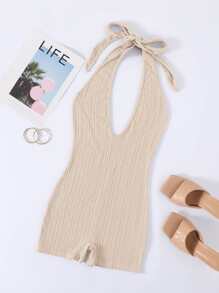 SHEIN Unity 素色繞頸露背連身短褲 - 米色 - 查看 1