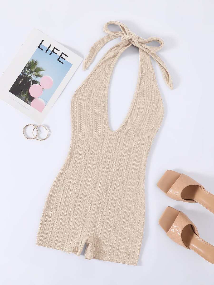 SHEIN Unity 素色繞頸露背連身短褲 - 米色 - 查看 1