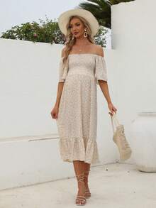 Maternidad Vestido floral de hombros descubiertos bajo con fruncido - Albaricoque - Ver 4