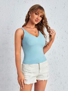 SHEIN Frenchy Áo khoác và áo lót dành cho xe tăng nữ Gân đan màu trơn Giải trí - Màu xanh nhạt - Xem 4