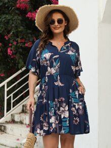 Vestido con estampado floral de manga murciélago bajo con fruncido - Multicolor - Ver 1