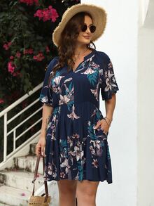 Vestido con estampado floral de manga murciélago bajo con fruncido - Multicolor - Ver 3