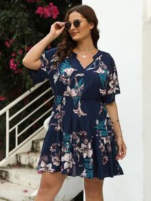 Vestido con estampado floral de manga murciélago bajo con fruncido - Multicolor - Ver 5