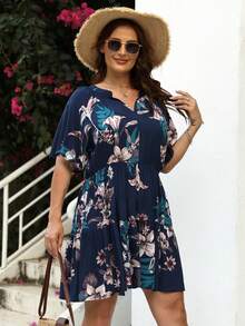 Vestido con estampado floral de manga murciélago bajo con fruncido - Multicolor - Ver 6