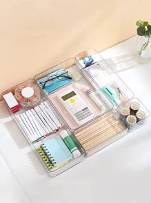 4pcs/5pcs/Set Simple And Clear Drawer Desktop Organizer For Stationery, Pencil, Brush, Learning, Storage, Make Up, Transparent Small Box For Desk Or Drawer, Suitable For Study Room, Bedroom, Dormitory, Office, With Inside Dividers - Clear - View 5