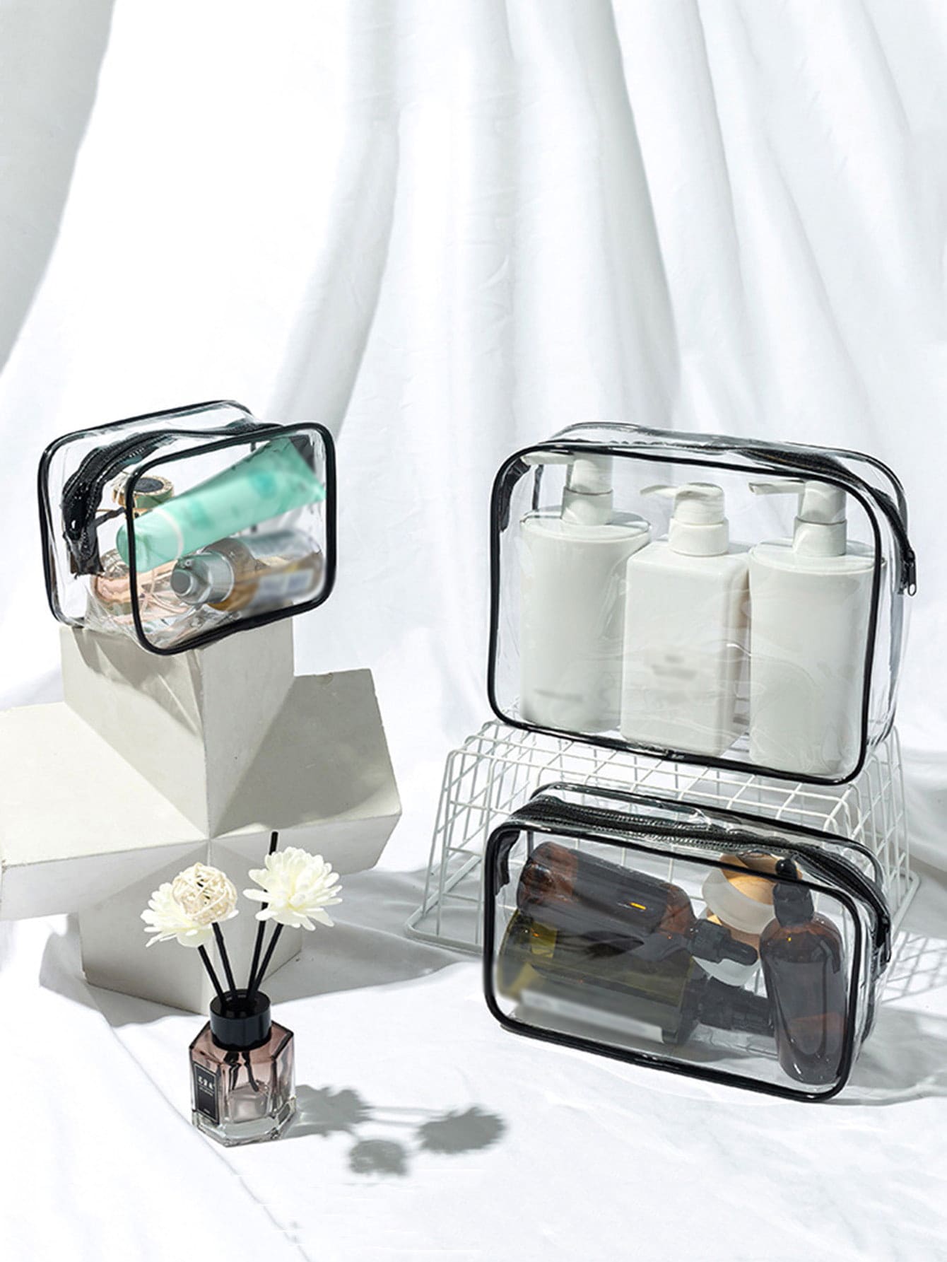 1入組透明大容量化妝收納袋簡約塑料便攜式化妝品收納袋化妝刷收納袋居家旅行 - 無色 - 查看 1