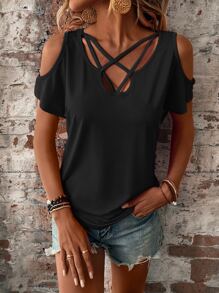 SHEIN LUNE Áo thun nữ Hội Chữ thập Cắt ra màu trơn Giải trí - màu đen - Xem 1