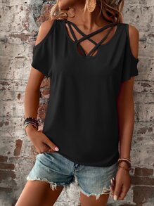 SHEIN LUNE Áo thun nữ Hội Chữ thập Cắt ra màu trơn Giải trí - màu đen - Xem 4