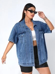 SHEIN EZwear Plus Flap Pocket Drop Shoulder Denim Jacket - Medium Wash - View 1