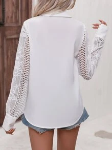 SHEIN LUNE Contrast Lace Button Front Shirt - White - View 2