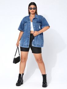 SHEIN EZwear Plus Flap Pocket Drop Shoulder Denim Jacket - Medium Wash - View 3