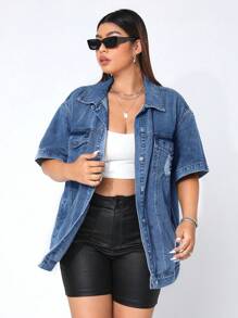 SHEIN EZwear Plus Flap Pocket Drop Shoulder Denim Jacket - Medium Wash - View 4