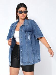 SHEIN EZwear Plus Flap Pocket Drop Shoulder Denim Jacket - Medium Wash - View 5