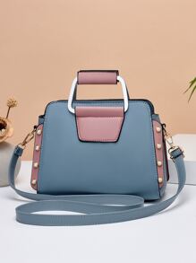 Small Square Bag Pearl & Pom Pom Decor Striped Detail Colorblock, Mother Day Gifts, Mom Gifts, Mommy's Essentials, Mommy Bag For Going Out