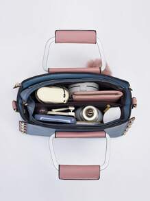 Small Square Bag Pearl & Pom Pom Decor Striped Detail Colorblock, Mother Day Gifts, Mom Gifts, Mommy's Essentials, Mommy Bag For Going Out