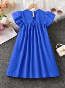 Girls Shirred Flutter Sleeve Dress - Blue - View 2